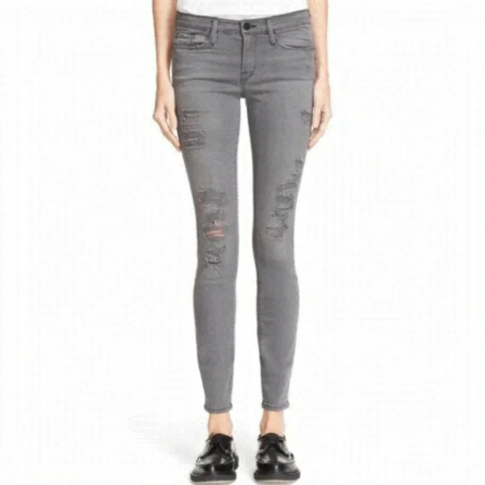 FRAME Denim Le Skinny de Jeanne Grey Shred - Picture 1 of 13